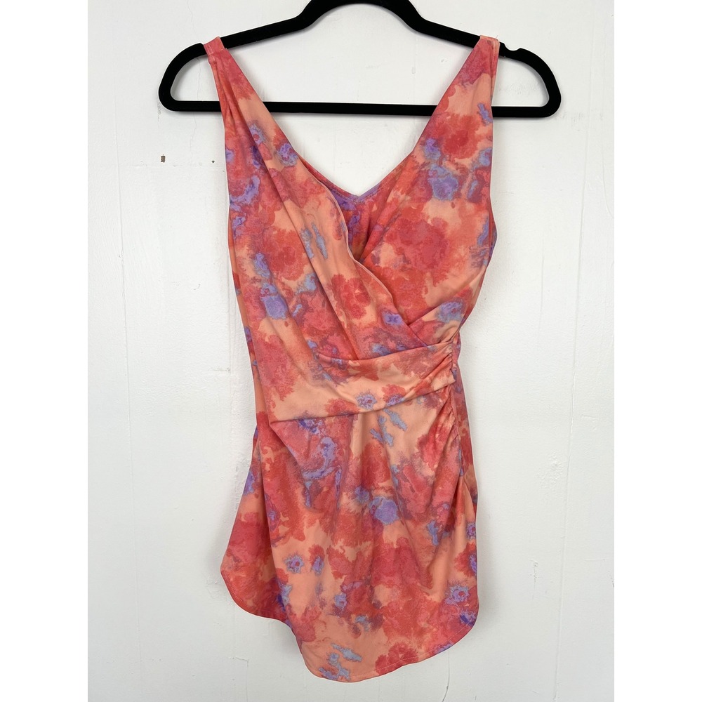 D&Co. Beach Orange Floral Wrap Front One-Piece Swim Dress Size Small US 6